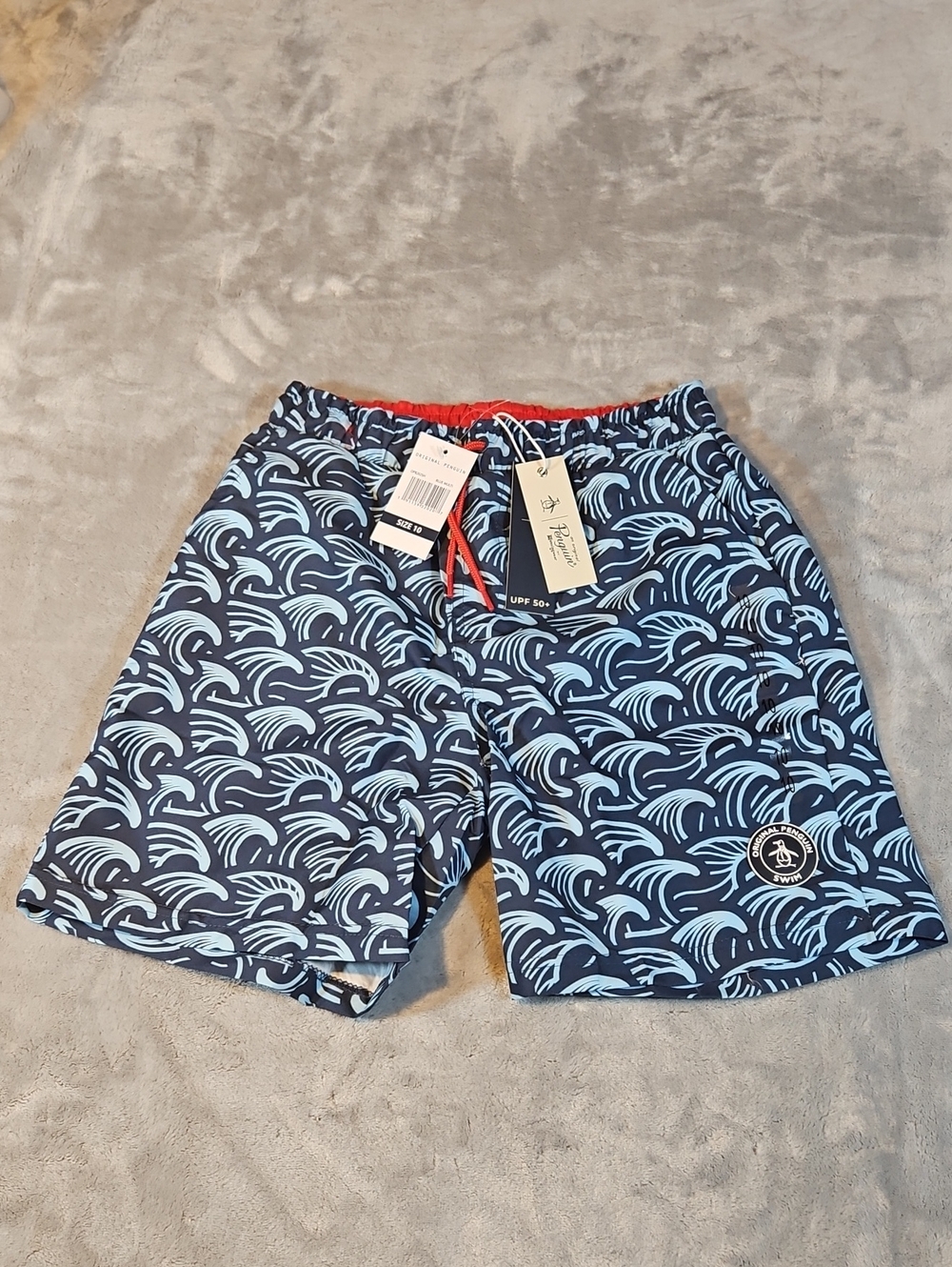 Original Penguin Boys Navy Blue Wave Print Swim Trunks UPF 50+ Size 10 NWT